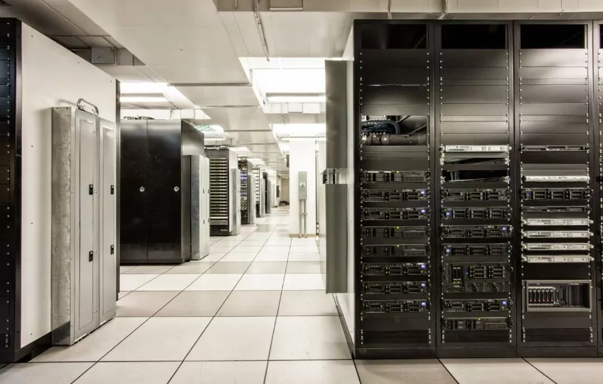 storage racks aligned in a computer server room