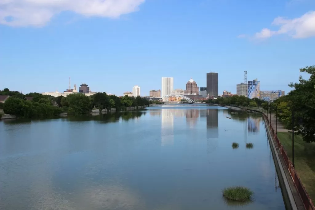 the skyline of Rochester, NY by Lake Ontario.