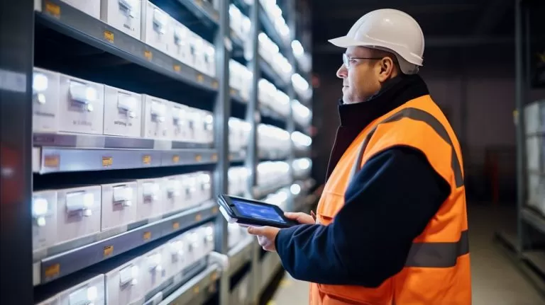 Worker with clipboard in climate controlled document storage