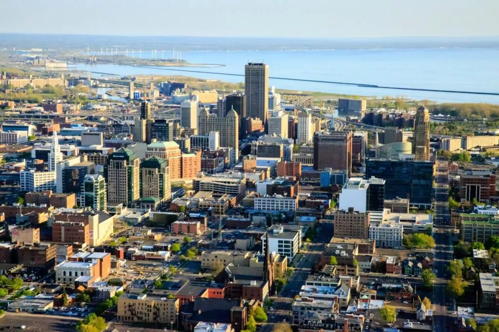 Aerial view of Buffalo, NY, showcasing the city's urban landscape and architectural features